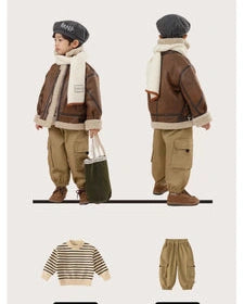 Boys' Vintage Pilot Winter Jacket - Chic Horn-Buttoned Coat with Stand-Up Collar