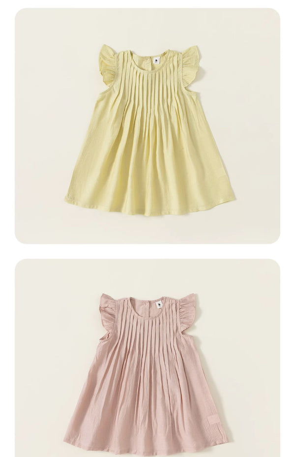 Summer Breeze 2024: Children's A-Line Princess Dress with Flutter Sleeves - Available in Pastel Yellow, Cream, Pink, and Mustard Green