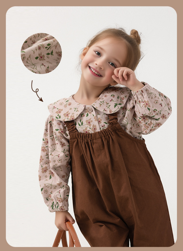 Girls' Fashionable Suspender Pants Set with Forest-Inspired Design